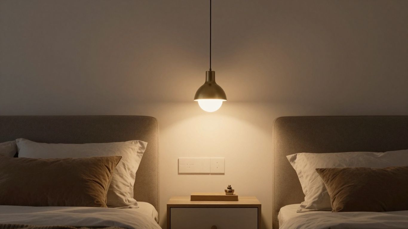 Bedroom with stylish hanging pendant light