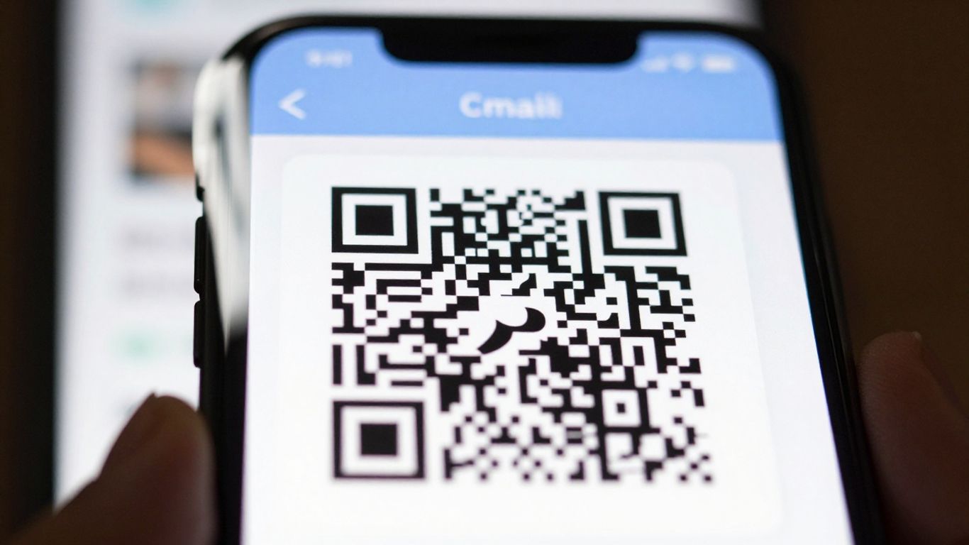 Smartphone displaying a scannable QR code in an email.