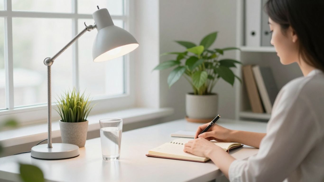 Person arbeitet morgens an hellem Fensterplatz