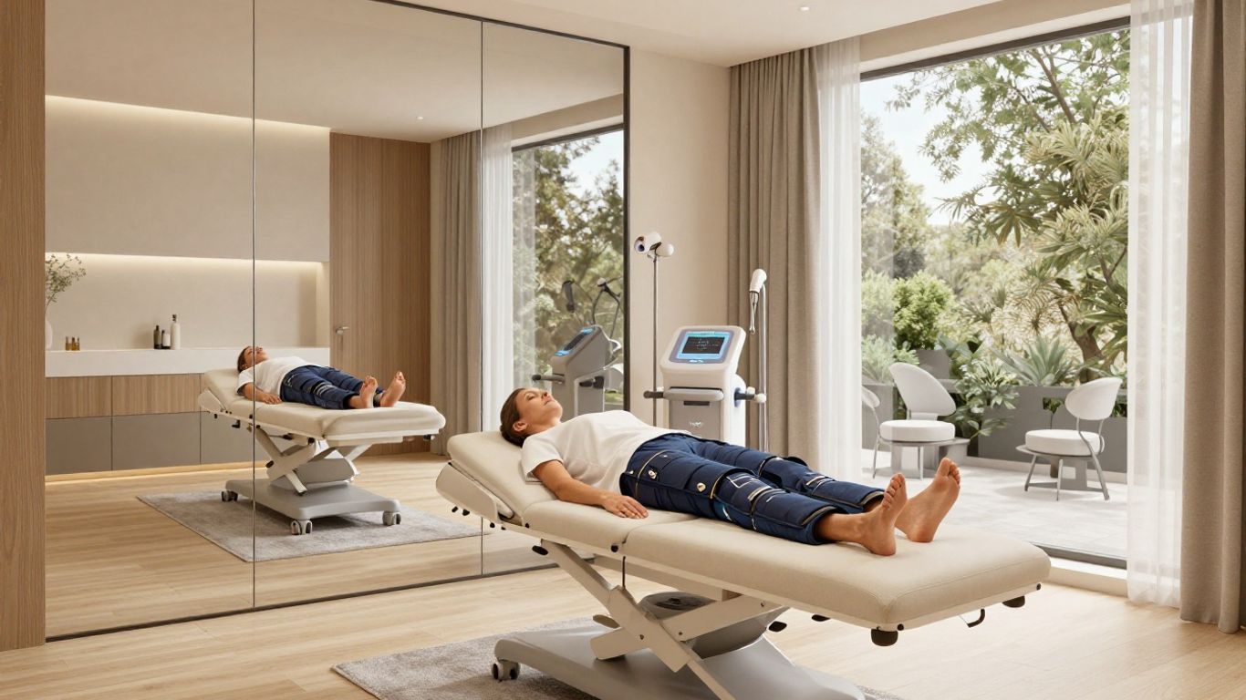 Personne recevant une séance de pressothérapie à Lyon.