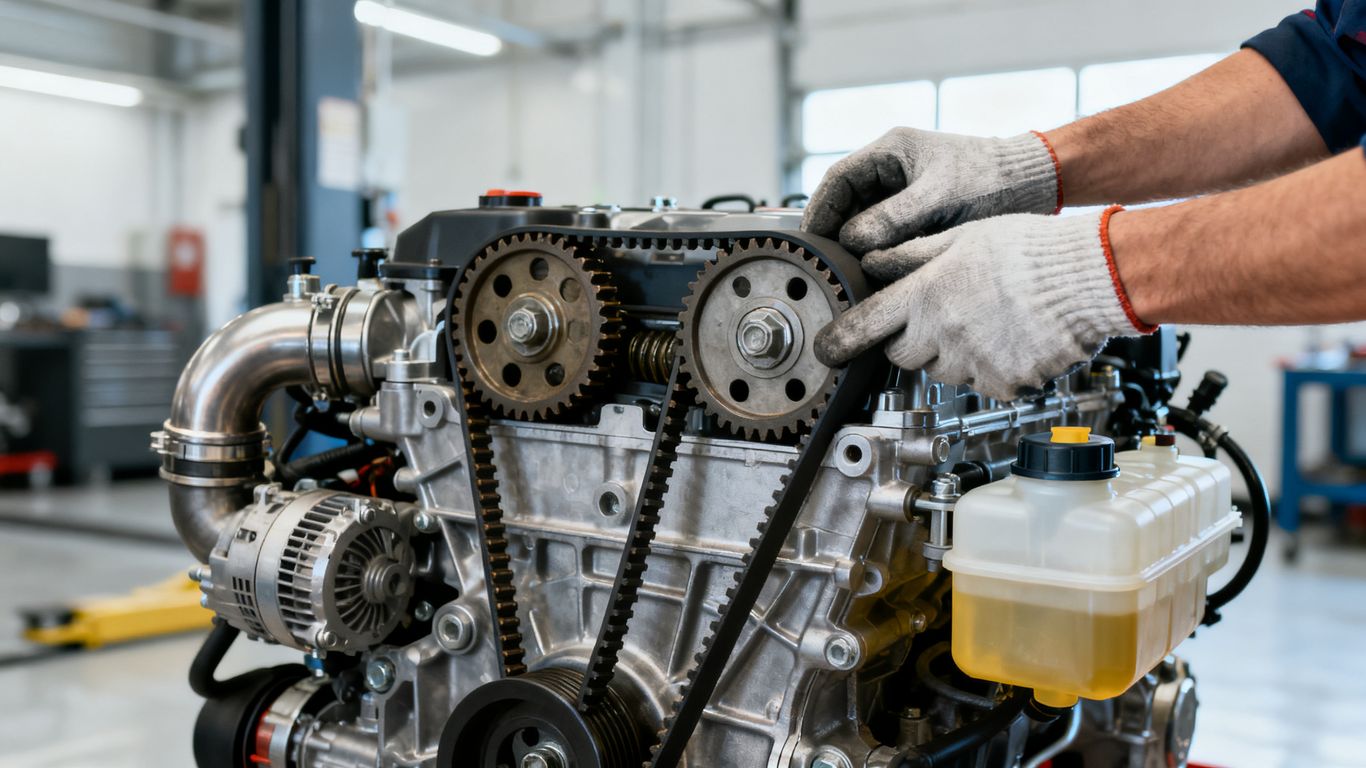 Motorraum eines gebrauchten VW TSI bei der Prüfung