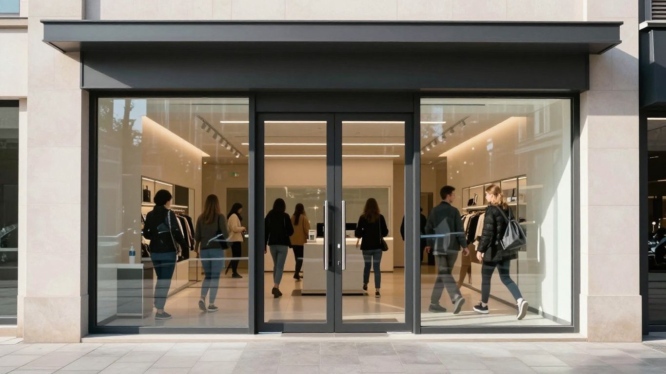 Modern automatic doors opening at a business entrance.
