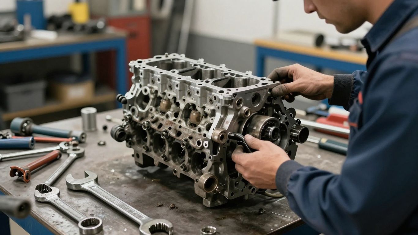 A close-up view of an engine component in a garage