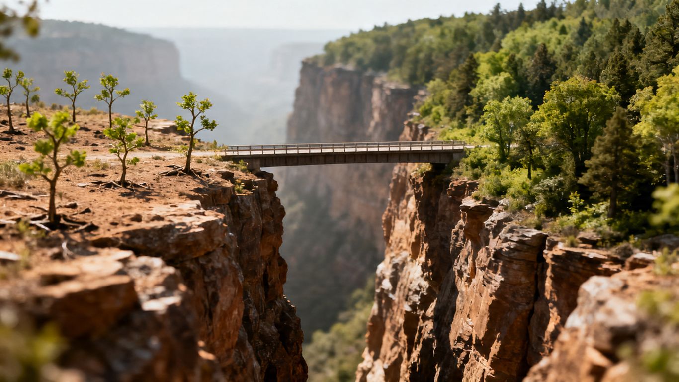 A bridge connecting a struggling sapling area to a thriving forest.