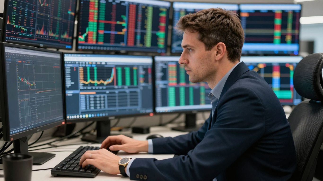 Trader analyzing financial data on multiple screens.