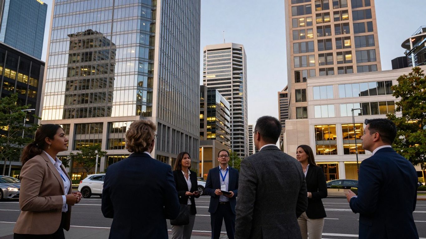 Adelaide skyline with professionals discussing future business growth.