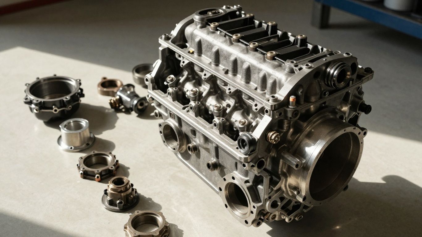 Disassembled Fiat Abarth engine parts on workshop floor.