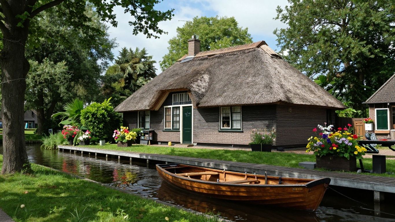 Uniek huisje in Giethoorn met bootje aan het water.