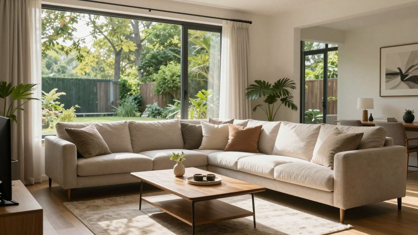 Sala de estar moderna y segura con luz natural.