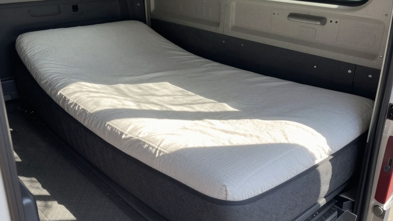 Truck mattress inside a semi-truck cab.