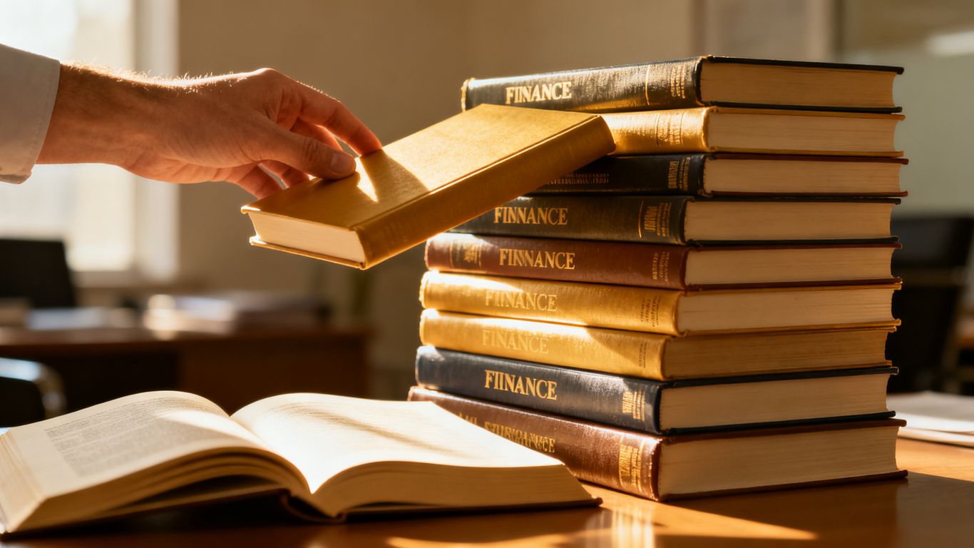 Stack of 12 finance books with one selected.