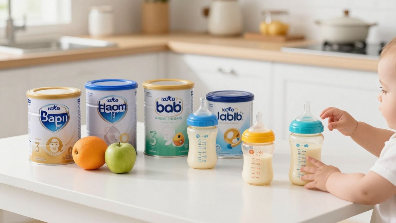 Latas de leche de fórmula para bebés y biberones.
