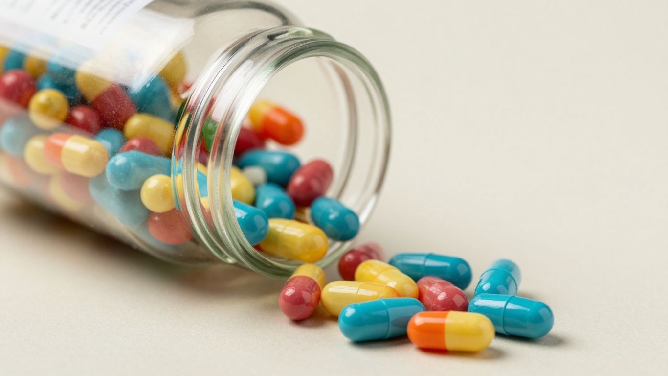 Bottle of probiotic capsules with scattered pills.