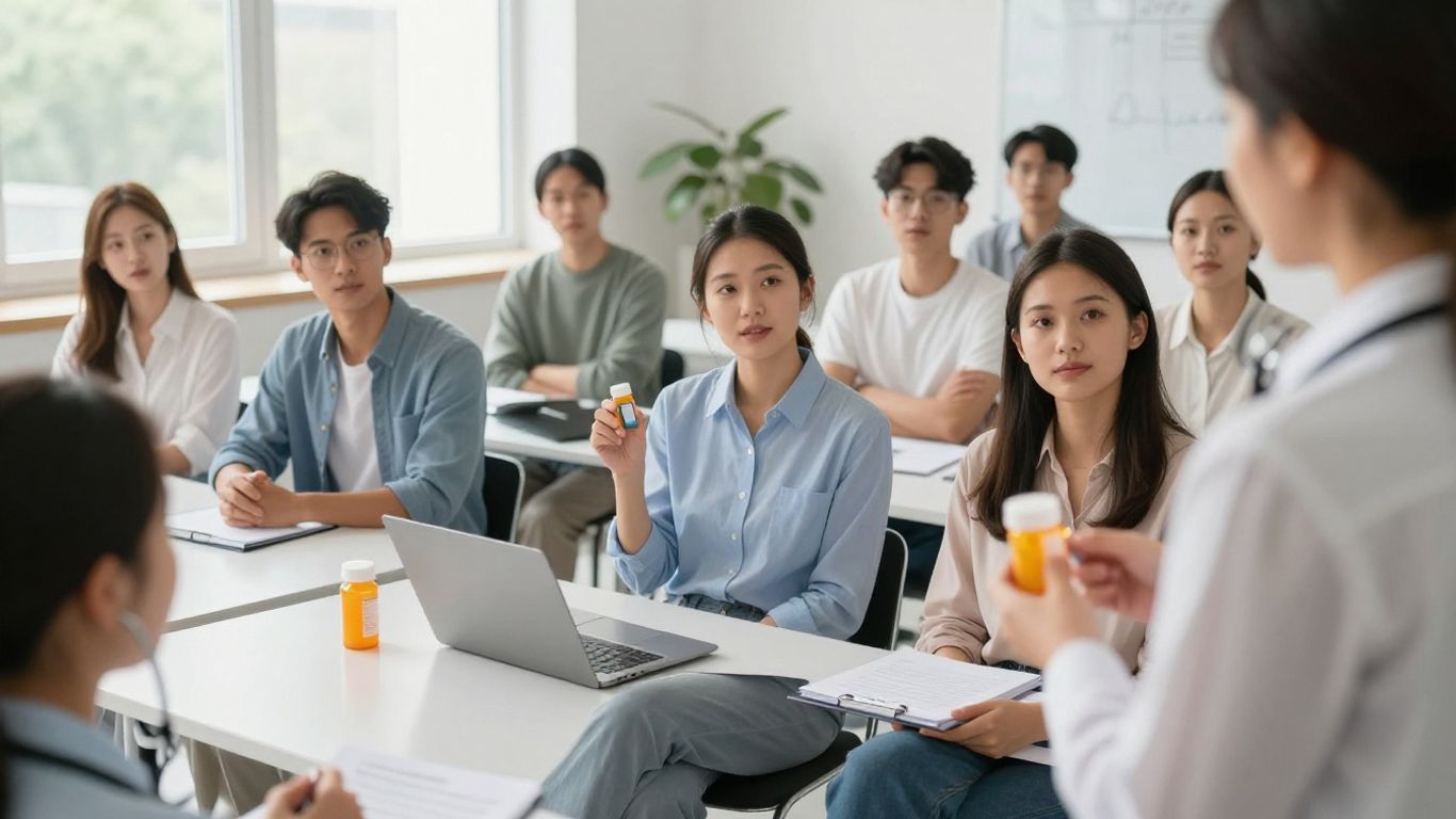 Students learning in a medication technician program classroom.