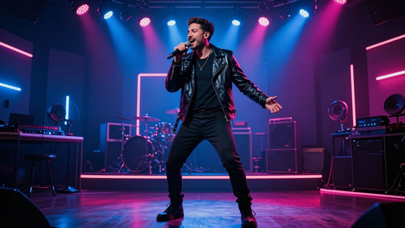A singer performing inside a neon studio
