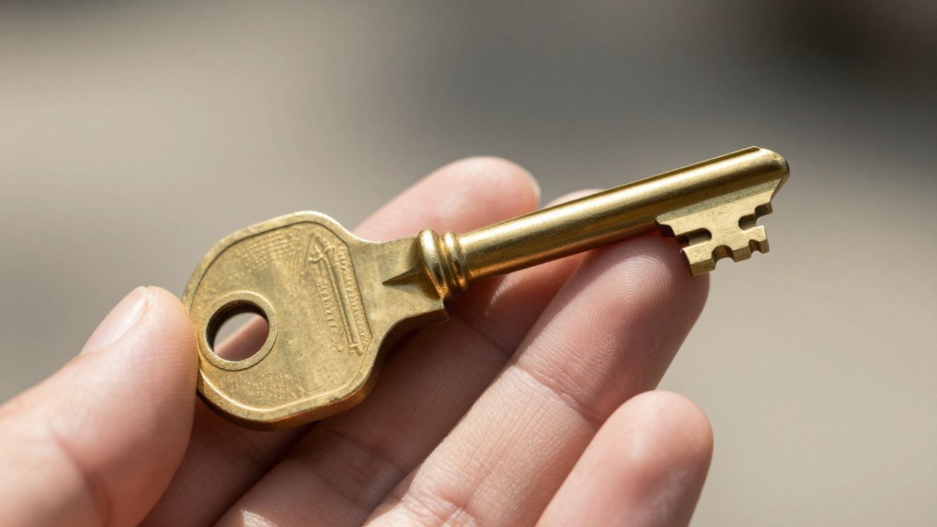 Close-up of a hand holding a shiny key.