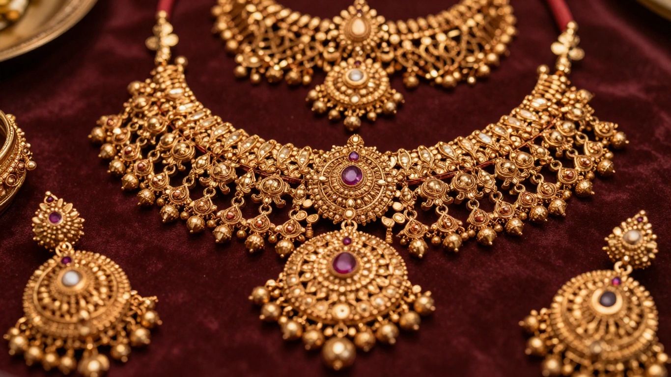 South Indian bridal jewelry: gold necklaces, bangles, and earrings.