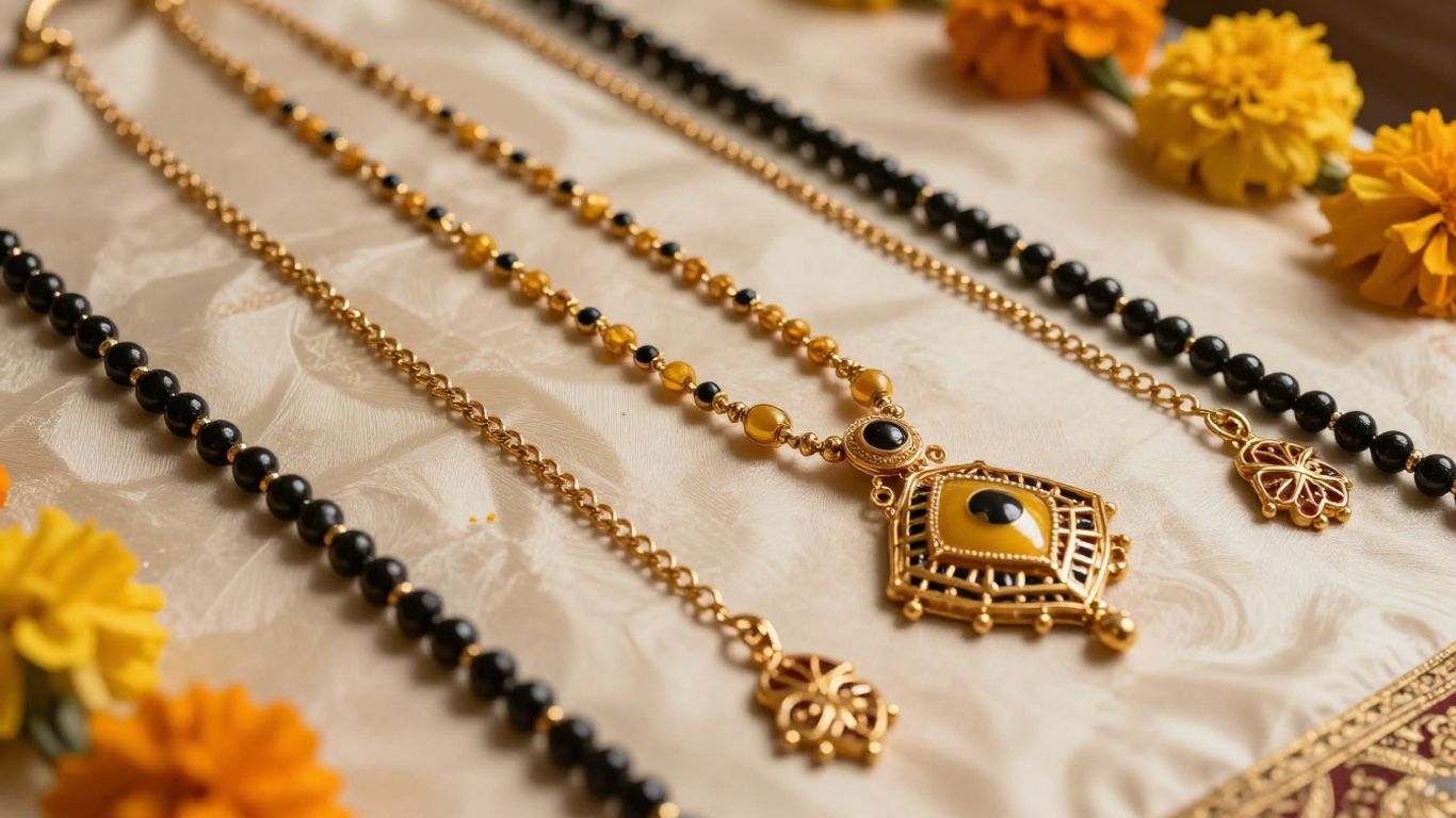 Bridal mangalsutra displayed on silk fabric