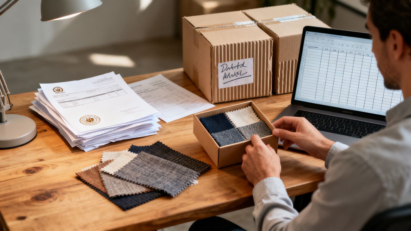 Founder reviewing Amazon launch economics beside product samples