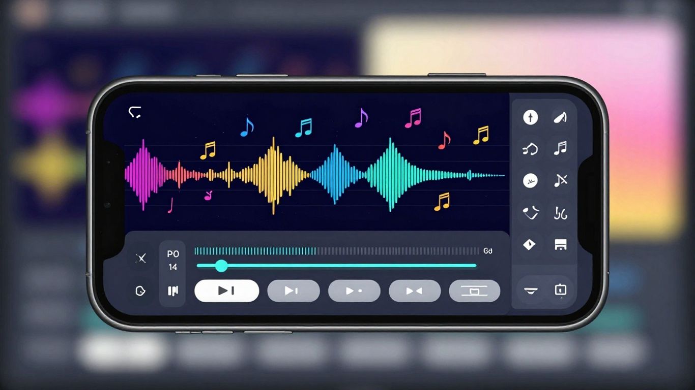 Celular exibindo aplicativo de edição musical com notas musicais.