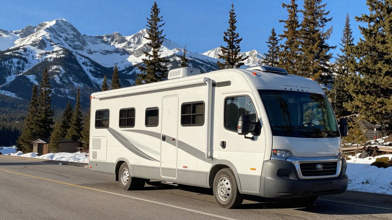 RV parked on scenic Canadian mountain road.