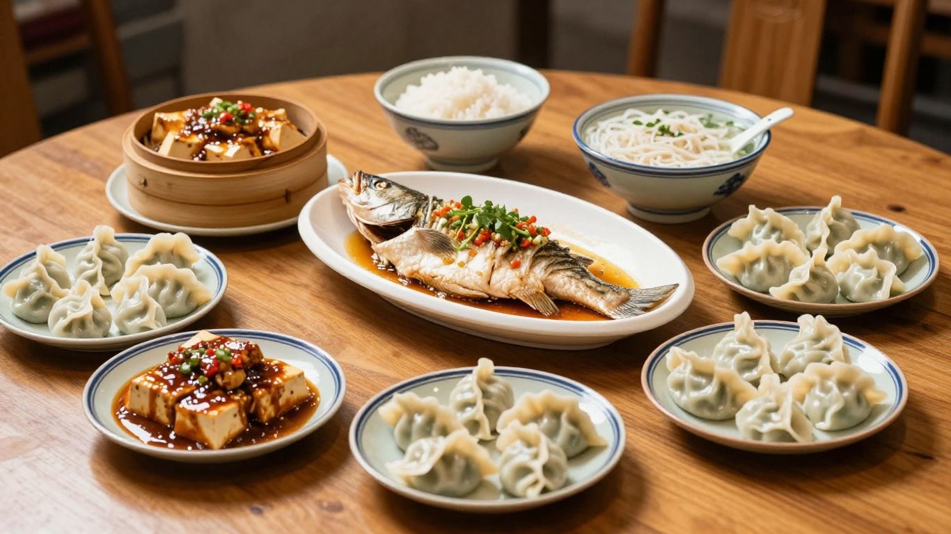 Colorful regional Chinese dishes on a shared table