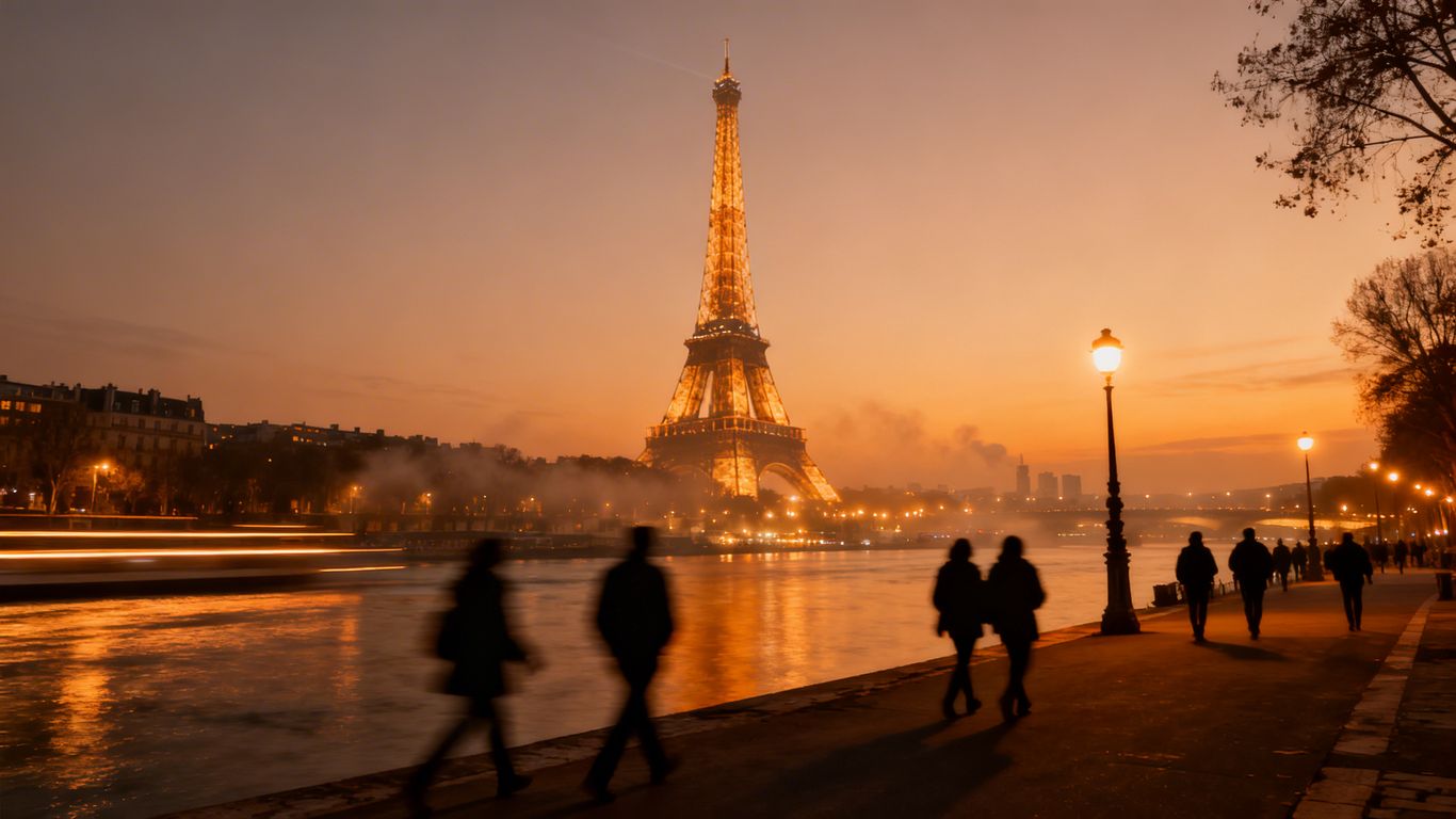 Eiffel Tower at dusk with city lights and Seine River.