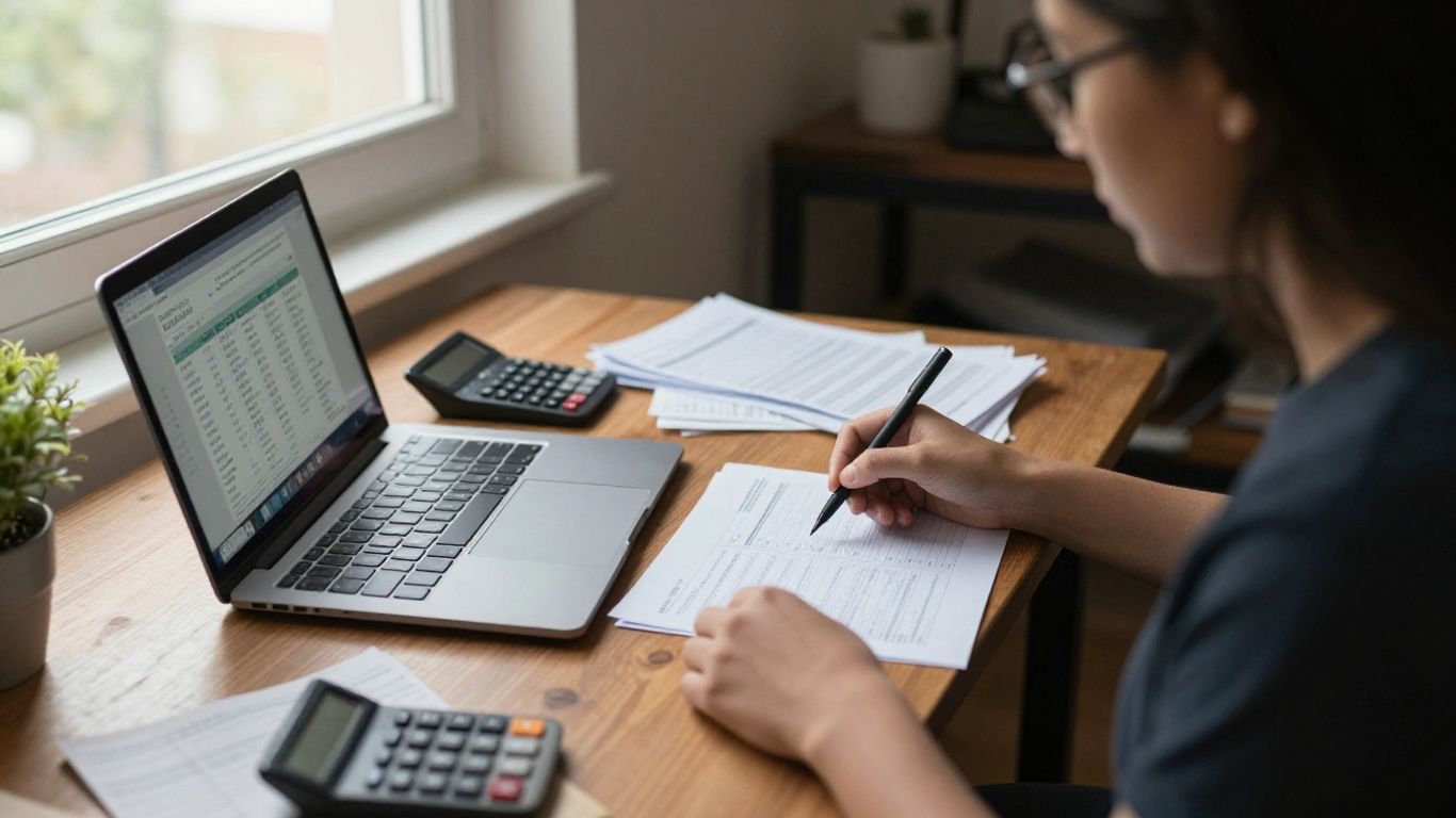 Small business owner checking monthly bank records