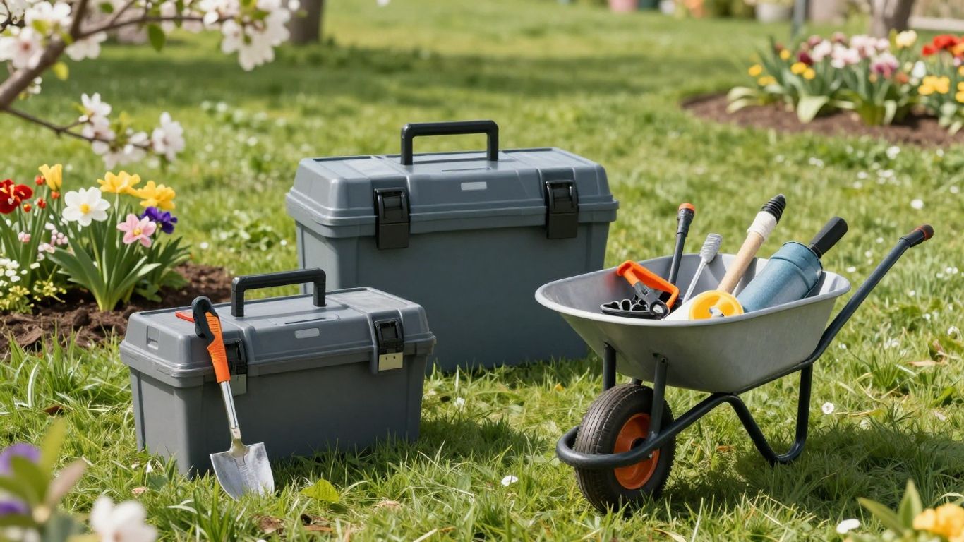 Contractor tools and spring garden elements for project season.