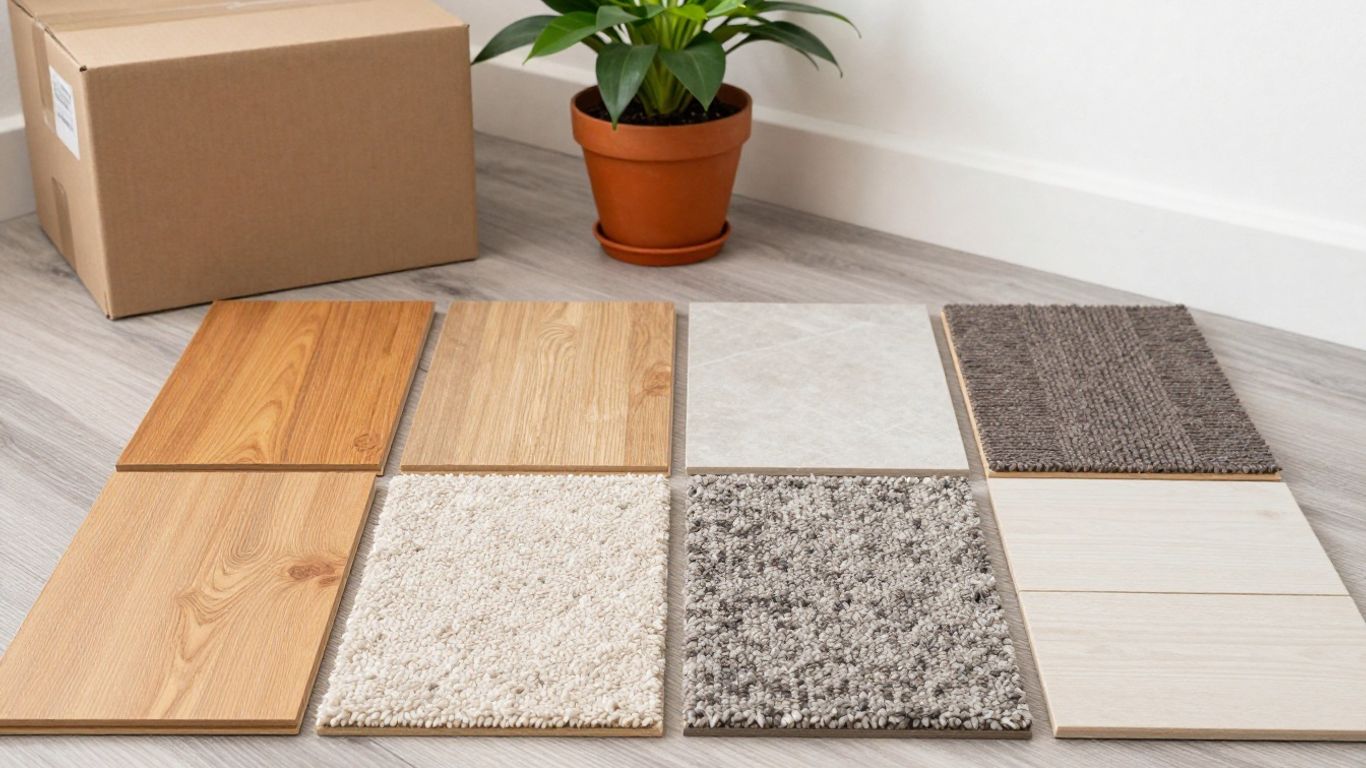 Flooring samples and moving box for house move.