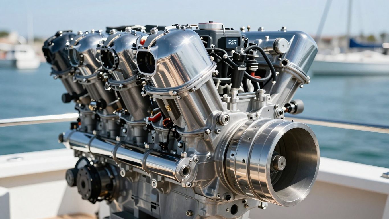 Marine engine with polished metal components at a marina.