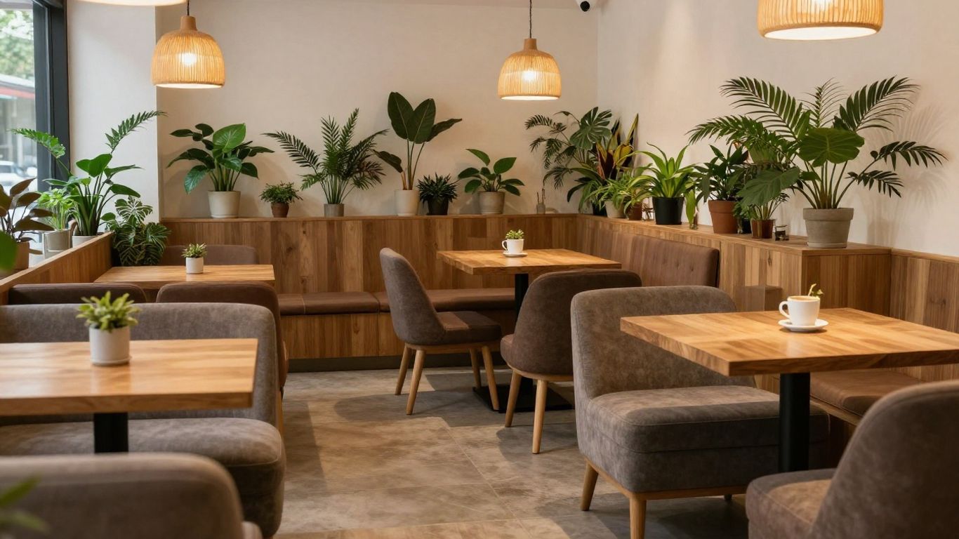 Gemütliche Café-Einrichtung mit stilvollen Möbeln und warmem Licht.