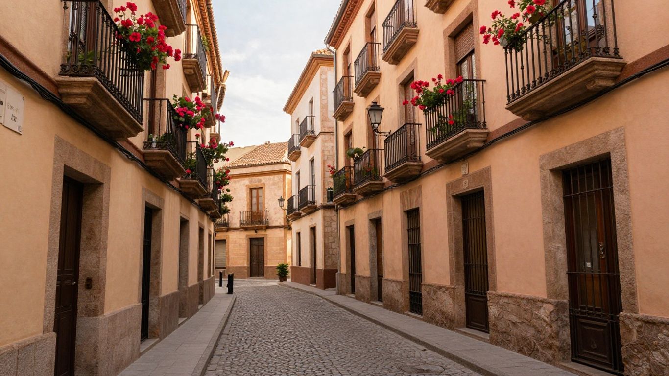 A sunlit street in a Spanish city