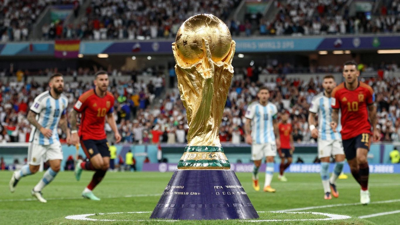 FIFA World Cup trophy and players on the field.