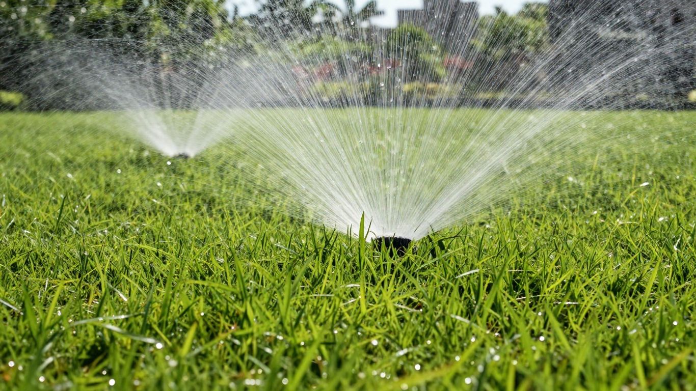 Lush green lawn being watered by sprinklers.