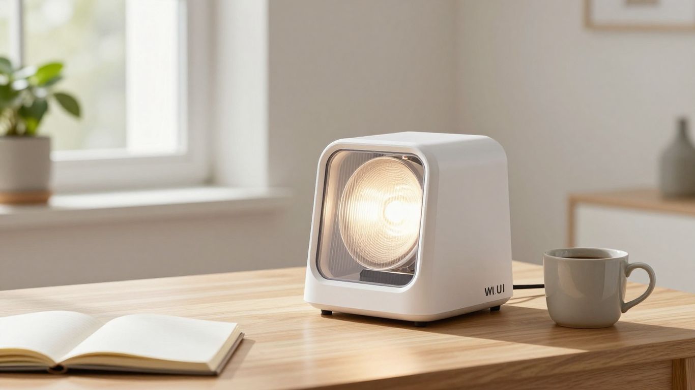 Moderne Lichttherapielampe auf hellem Schreibtisch