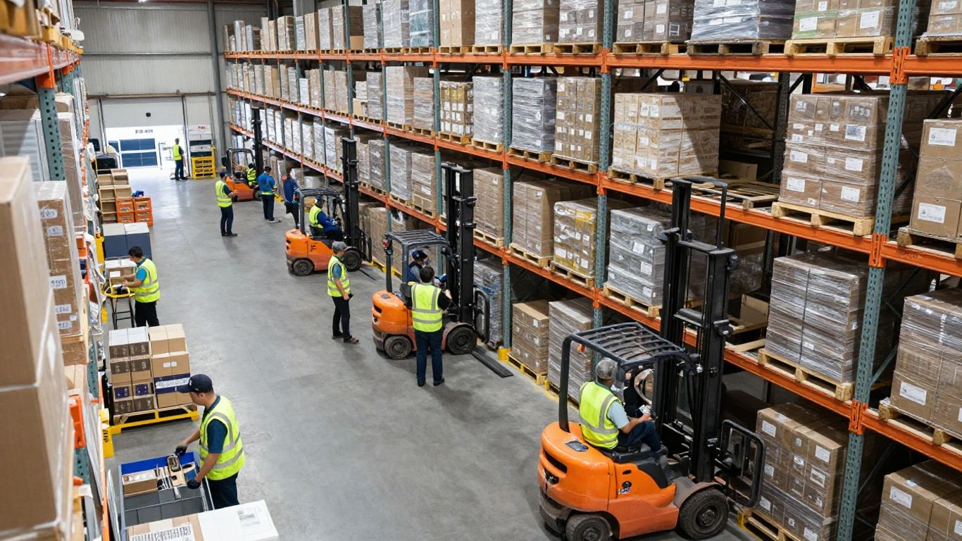 Distribution center operations with teams and forklifts.
