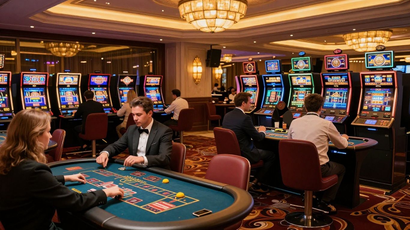 Luxurious casino interior with slot machines and card tables.