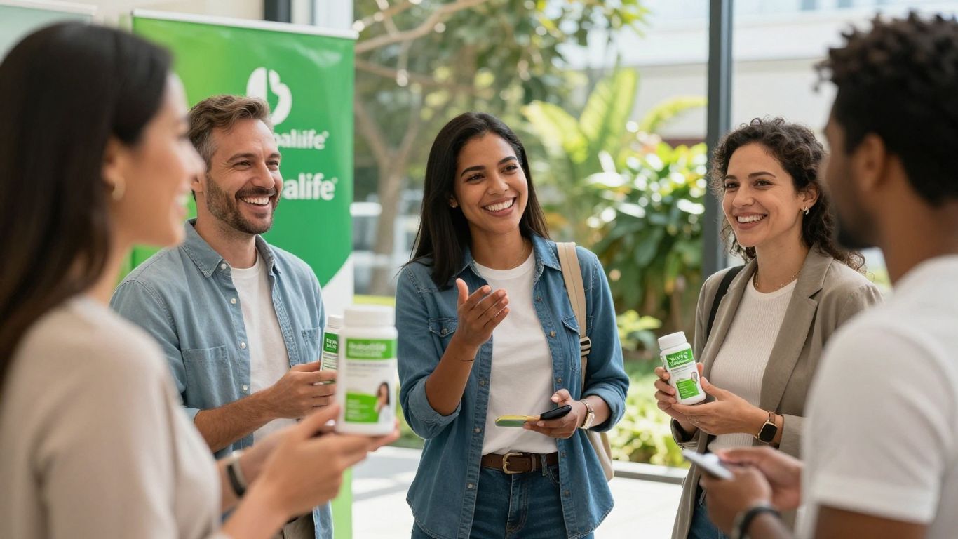 People smiling with Herbalife products, discussing business opportunities.