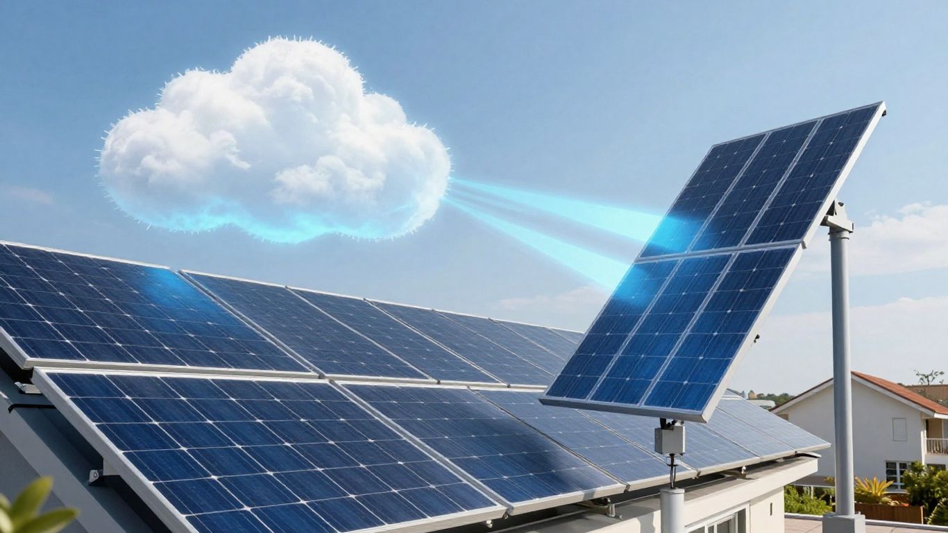 Solar panels on a roof with a virtual storage cloud.