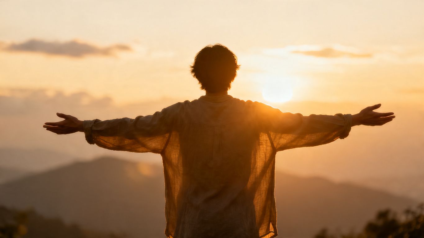Person embracing vulnerability with open arms at sunrise.