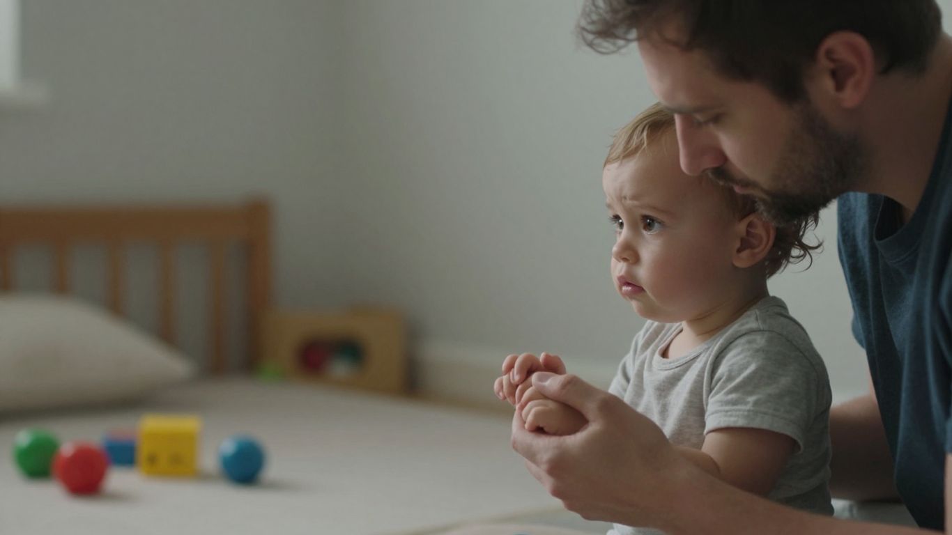 Parent and toddler navigating a playful, slightly messy room.