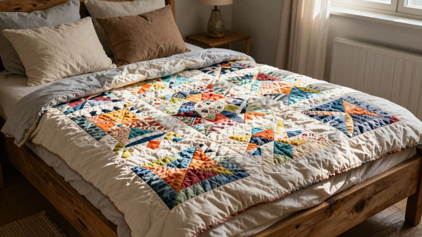 Cozy, colorful quilt folded on a rustic wooden bed.