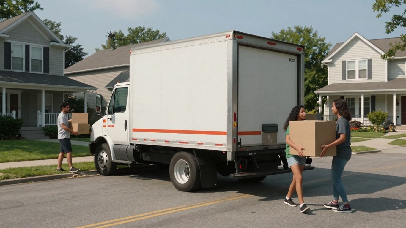 Amherst NY moving truck and family with boxes.