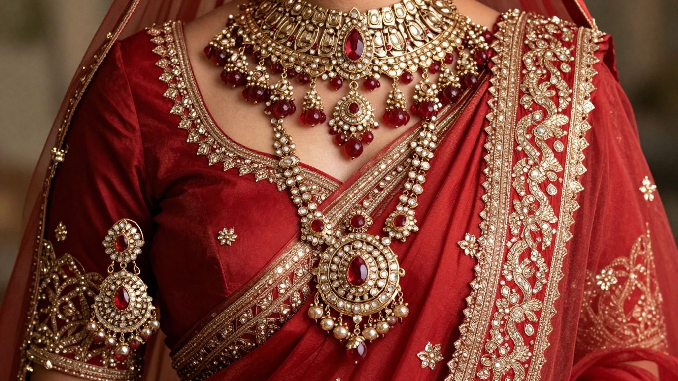 Heavy Kundan jewelry with bridal saree