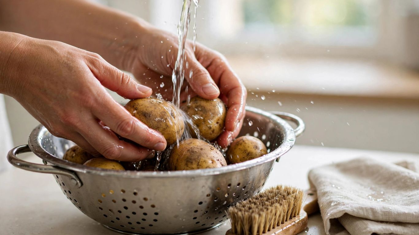 Aardappelen worden afgespoeld voor het koken