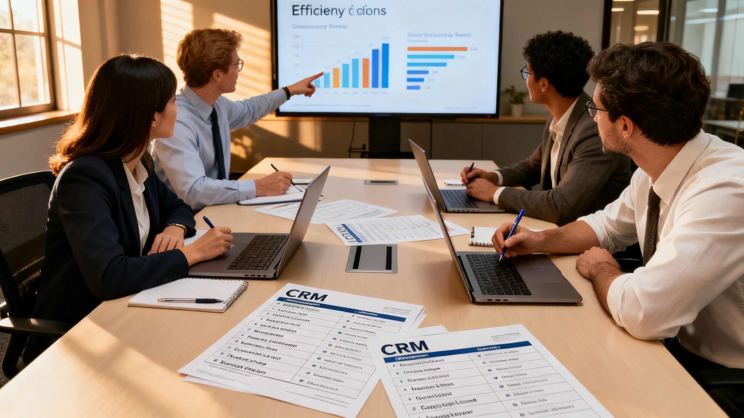 Team discussing different CRM options and evaluating efficiency during a meeting