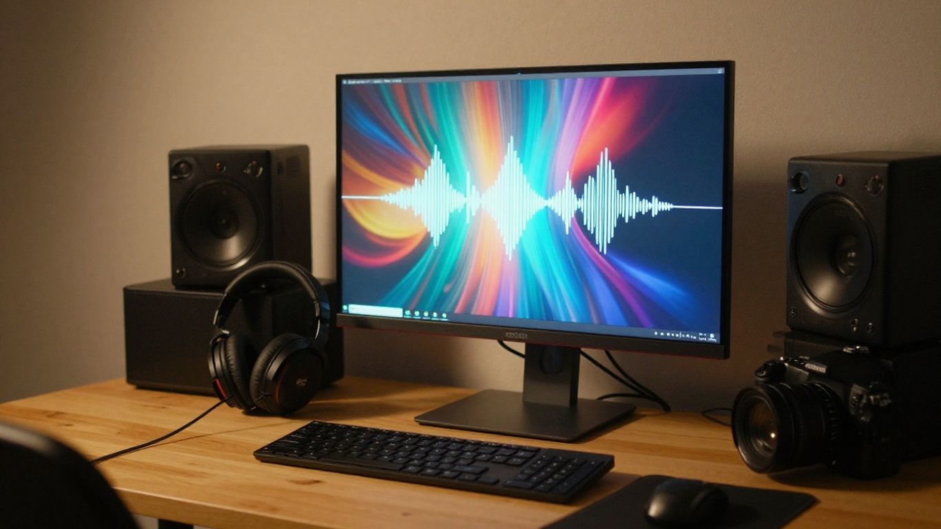 Studio desk with animated video and audio workflow