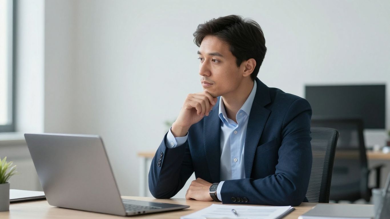 Person im Büro, nachdenklich, mit blauen Akzenten.