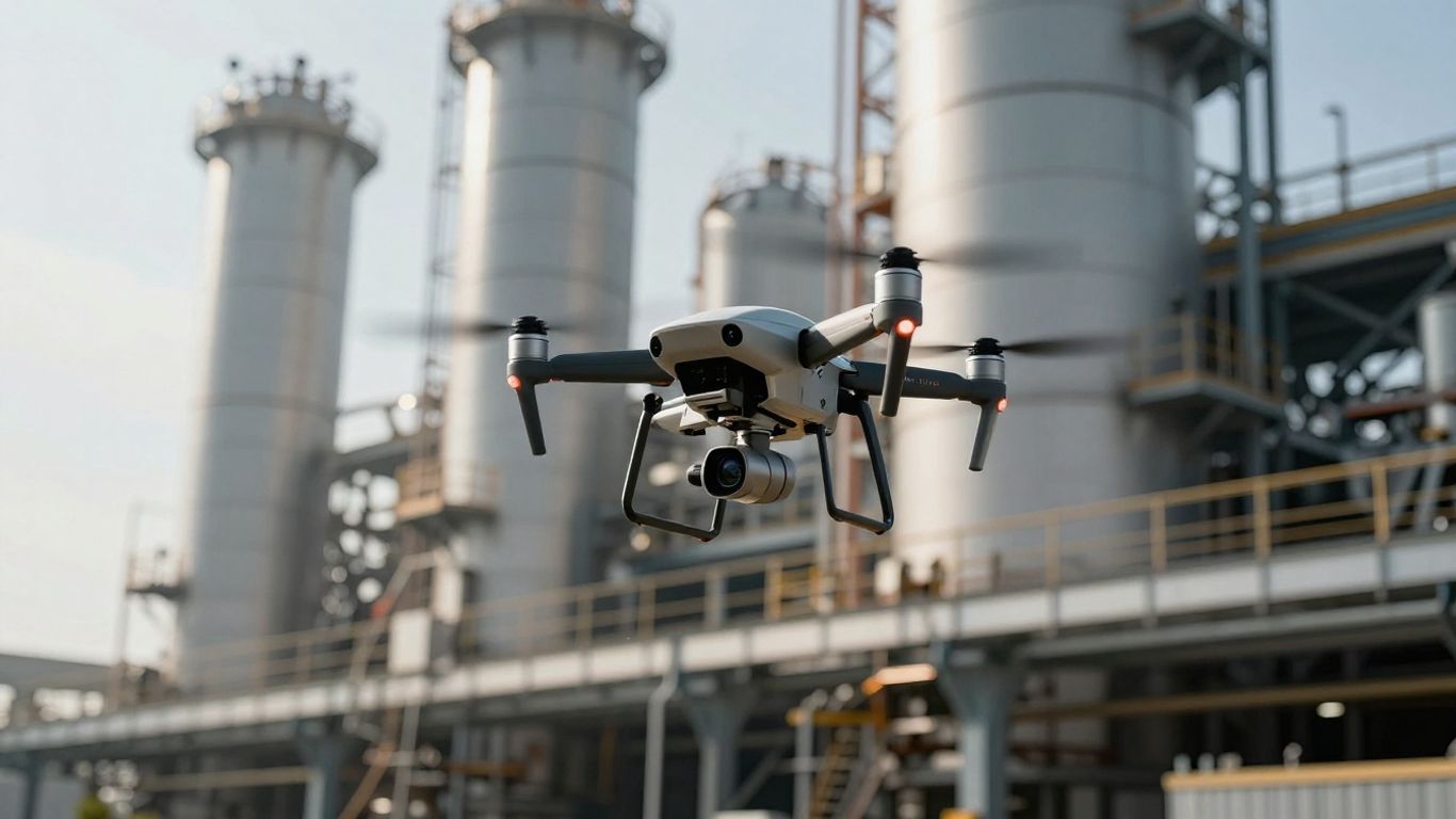 Drone inspecting a large industrial facility from above.